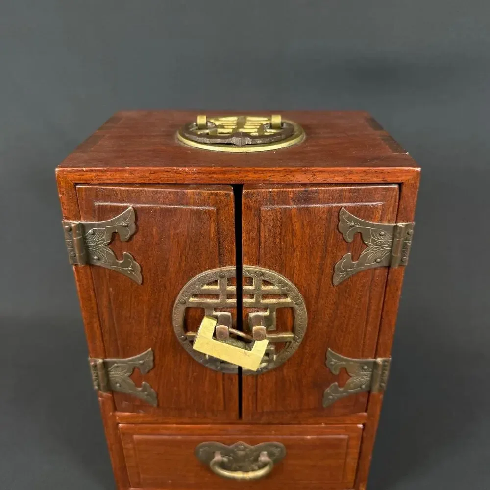 Vintage Chinese Dressing Case Jewelry Box Wood Brass Lined 4 Drawer